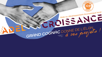 poignée de mains avec en toute lettre le nom ADEL croissance - fond bleu