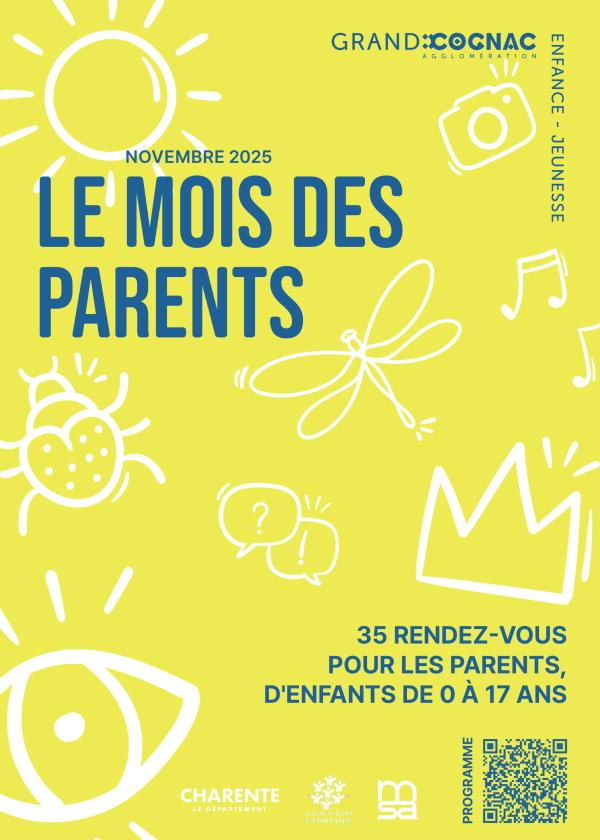 Affiche du programme du mois des parents, fond jaune avec illustration de libellules, soleil... 