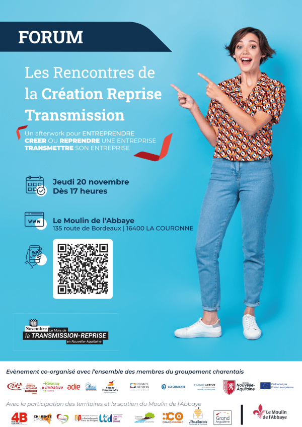 Affiche_forum_Création_transmission-personne souriante indiquant le titre du forum